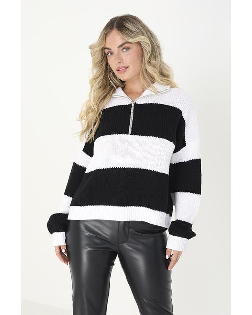 Brave Soul White 'Florence' Striped Knitted Jumper With Zip Neck