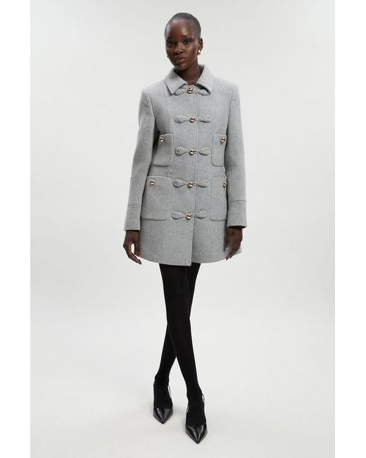 Karen Millen Gray Wool Knot Detail Buckle Front Tailored Midi Coat