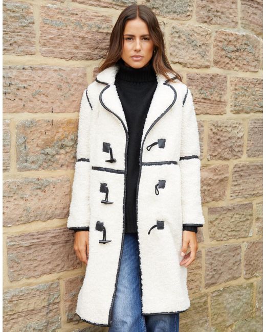 Threadbare Natural 'Cloud' Longline Borg Toggle Coat With Pu Trim