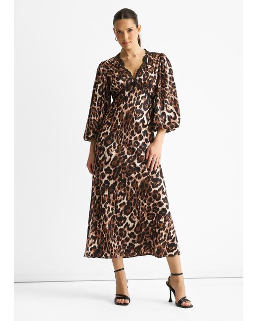 Gini London Brown Animal Lace Trim Satin Bias Midi Dress