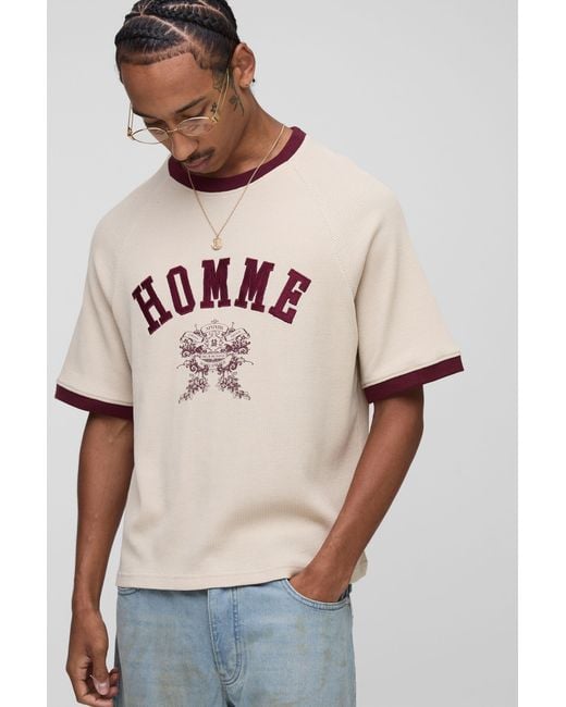 BoohooMAN Pink Boxy Fit Homme Embroidered Raglan Ringer Waffle T-Shirt for men
