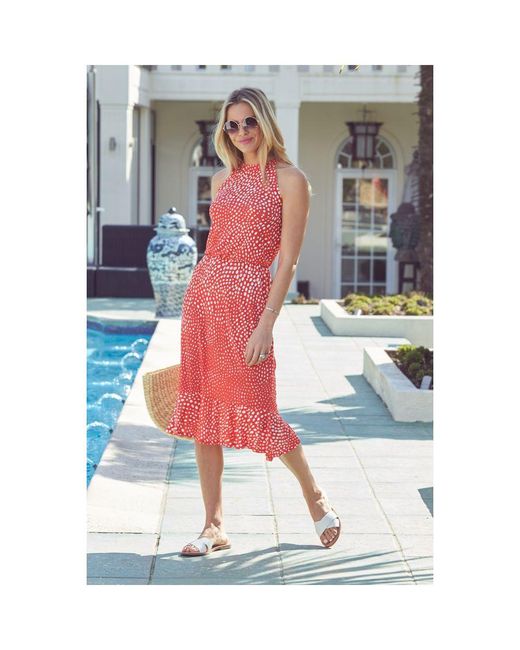 Sosandar Orange Spot Print Stretch Waist Midi Jersey Dress