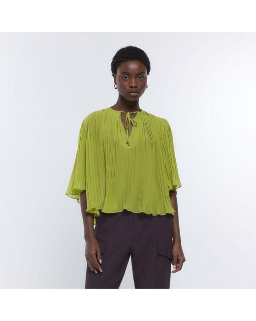 River Island Green Blouse Lime Pleated