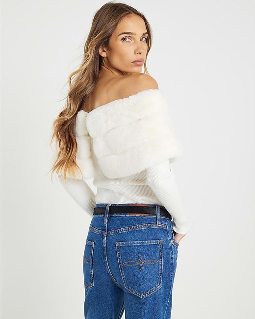 River Island Blue Jumper Faux Fur Trim Bardot
