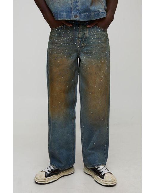 BoohooMAN Green Relaxed Fit Studded Embellished Denim Jeans for men