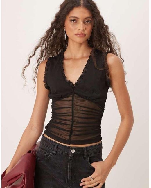ASOS Black Mesh Frill Gathered Tank Top