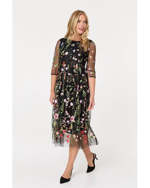 Izabel London Black Floral Embroidered Mesh Midi Dress