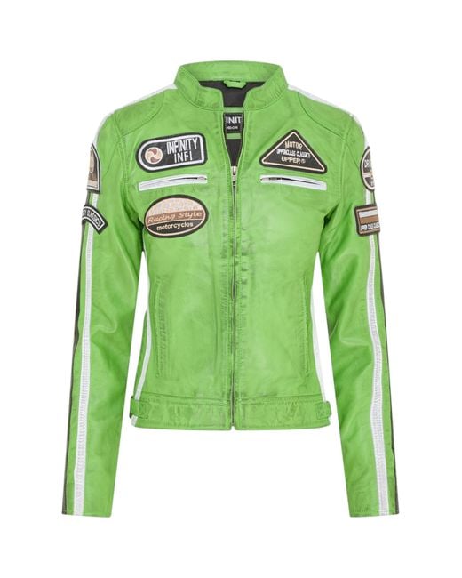 Infinity Leather Green Biker Racing Badges Jacket-Maple Lamb Leather