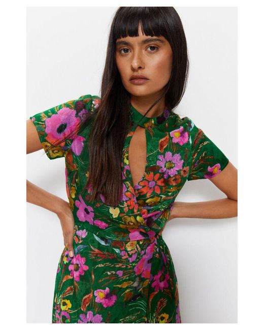 Warehouse Green Floral Printed Viscose Jacquard Keyhole Midi Dress