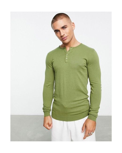 ASOS Green Knitted Cotton Grandad Polo for men