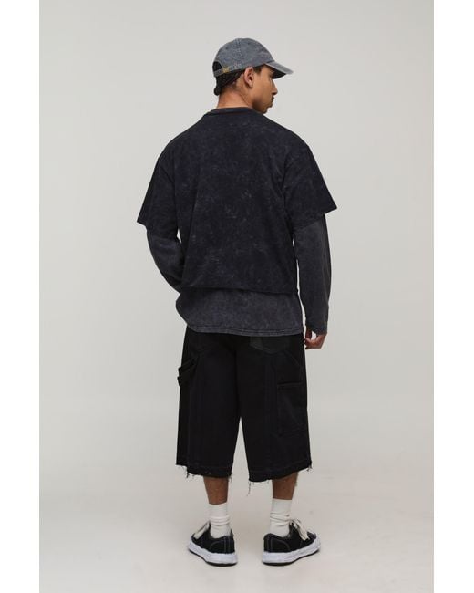 BoohooMAN Black Let Down Hem Double Carpenter Loop Overdye Denim Jorts for men