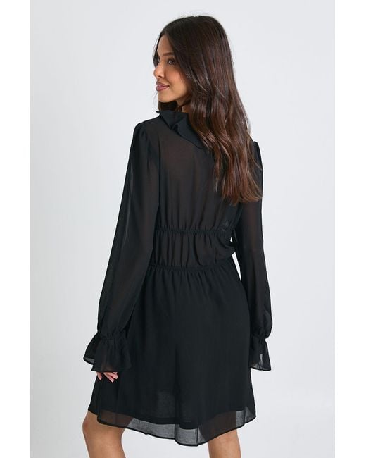 Boohoo Black Long Sleeve Ruched Mini Dress With Frill Detail