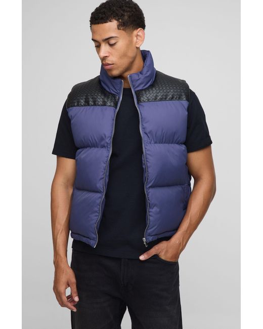 BoohooMAN Blue Regular Fit Pu Yoke Nylon Panel Gilet for men