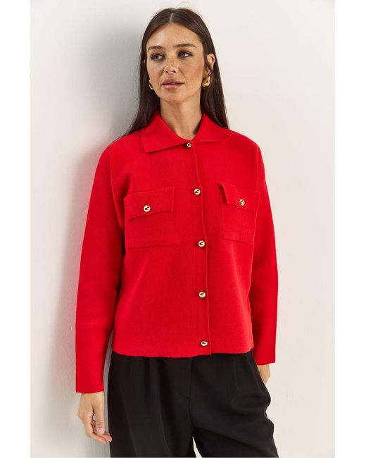 Bianco Lucci Red Polo Collar Cardigan