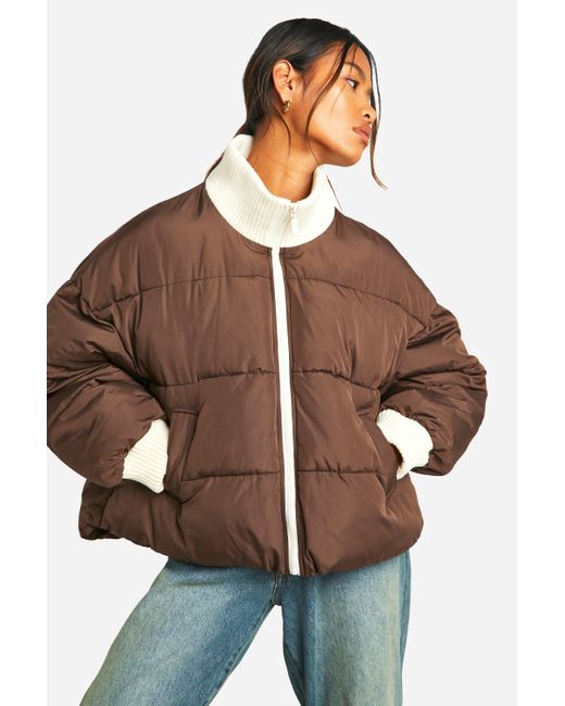 Boohoo Brown Contrast Rib Puffer Jacket