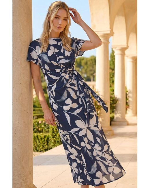 Roman Blue Floral Print Side Tie Crepe Dress
