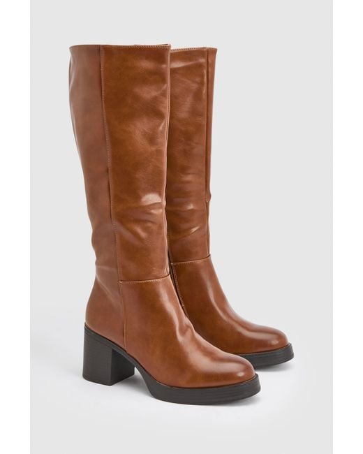 Faith Brown Sealia Faux Leather Medium Block Heel High Leg Boots