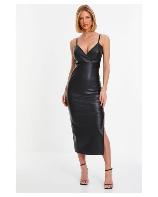 Quiz Black Faux Leather Wrap Midi Dress Viscose