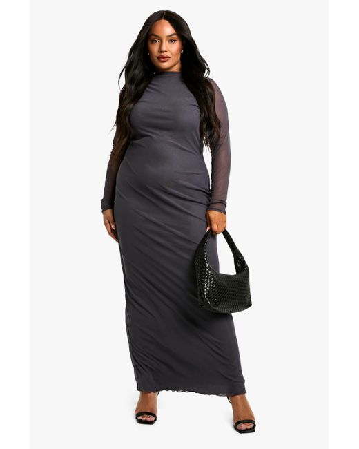 Boohoo Black Plus Mesh Long Sleeve Maxi Dress