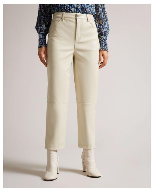 Ted Baker Natural Plaider Straight Leg Faux Leather Trouser