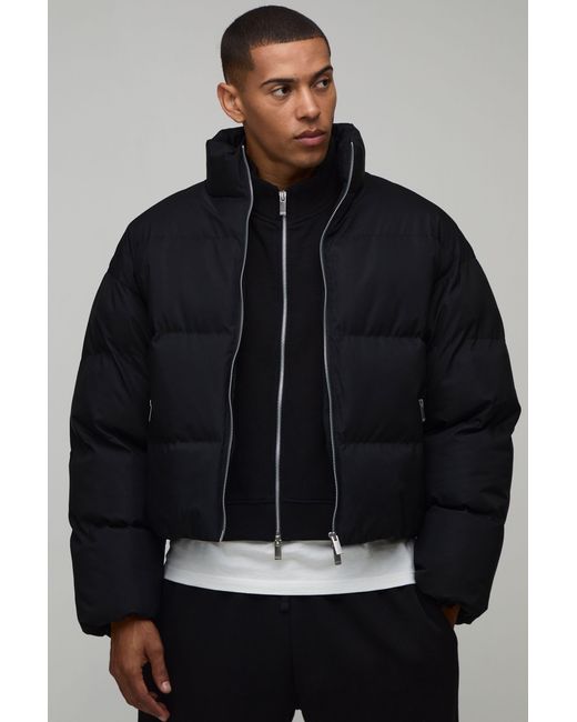 BoohooMAN Black Boxy Fit Essential Midweight Padded Funnel Neck Puffer Jacket for men