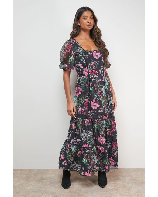 Oasis Multicolor Printed Square Neck Scallop Edge Puff Sleeve Midi Dress