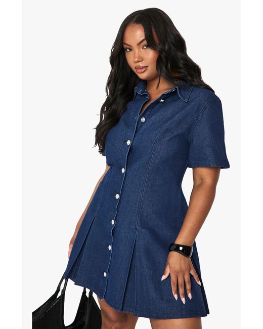 Boohoo Blue Plus Denim Button Pleated Shift Dress