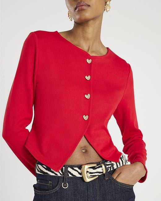 River Island Red Cardigan Long Sleeve Cropped Heart Viscose