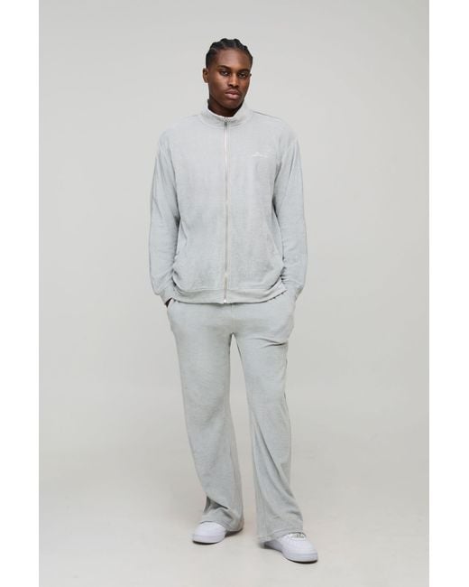 BoohooMAN Gray Oversized Bm Signature Velour Zip Funnel Relaxed Flare Tracksuit for men