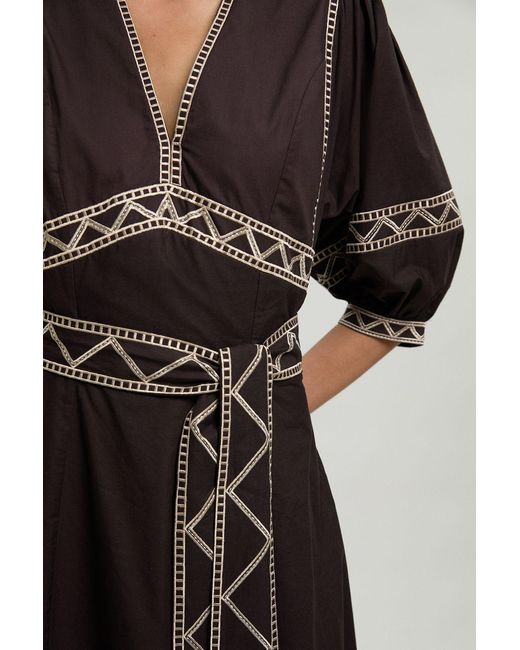 Karen Millen Black Embroidered Detail Belted Midi Dress