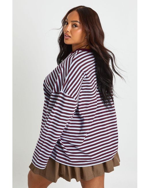 Boohoo Brown Plus Crew Neck Oversized Stripe Top