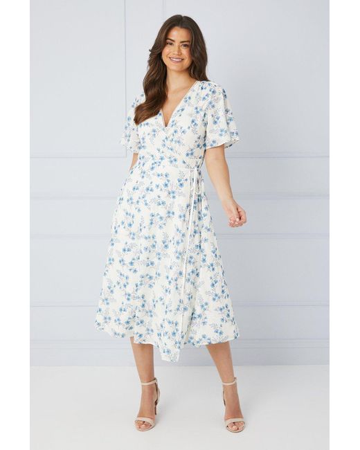 Wallis White Floral Satin Jacquard Wrap Midi Dress