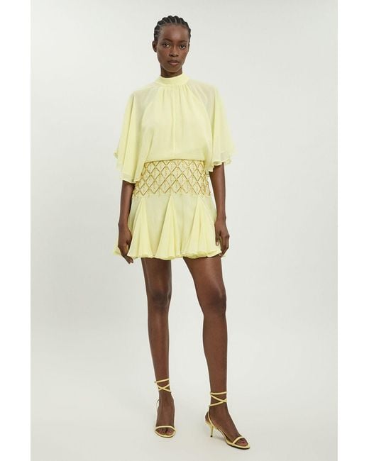 Karen Millen Yellow Beaded Cape Detail Mini Dress