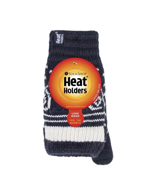 Heat Holders Blue Ladies Warm Fairisle Patterned Thermal Fingerless Converter Gloves