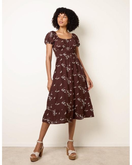 Blue Vanilla Brown Embroidery Milkmaid Midi Dress