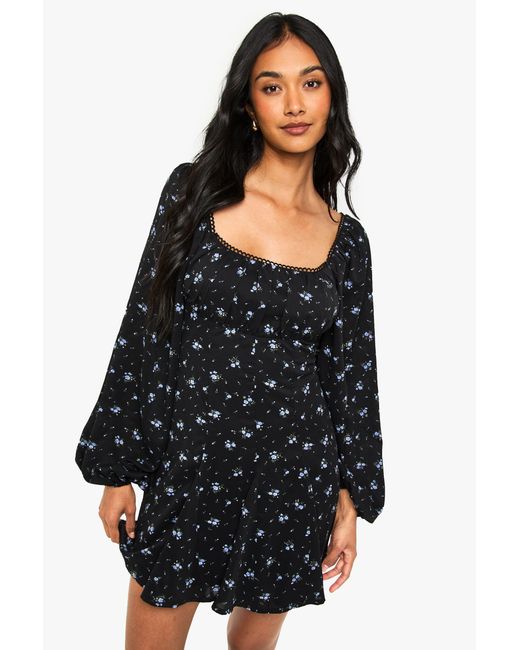 Boohoo Black Floral Milkmaid Godet Hem Long Sleeve Mini Dress