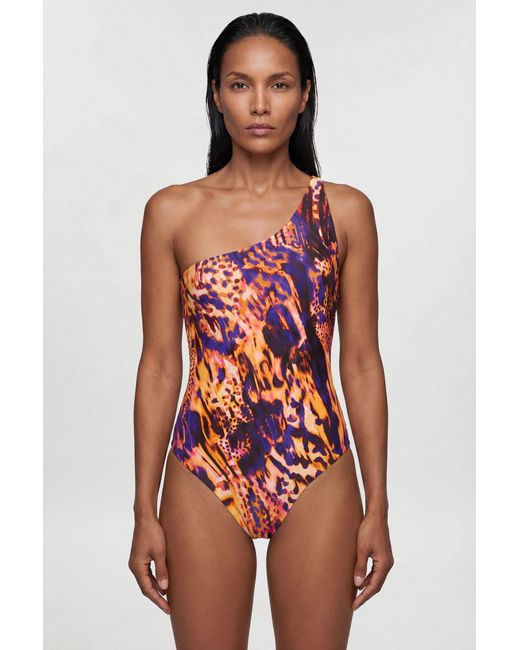 Karen Millen Red Abstract Animal One Shoulder Swimsuit