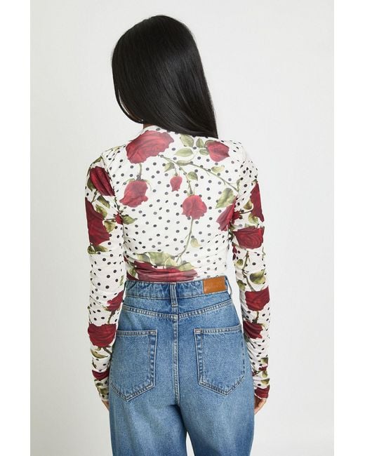 Boohoo White Rose Polka Dot Printed Mesh Ruched Neckline Longsleeve Bodysuit