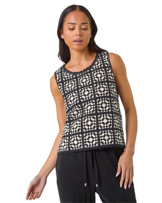 Roman Black Petite Crochet Patchwork Top