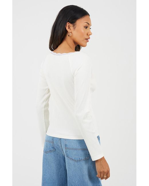 Brave Soul White Ribbed Long Sleeve Top With Lace Trim