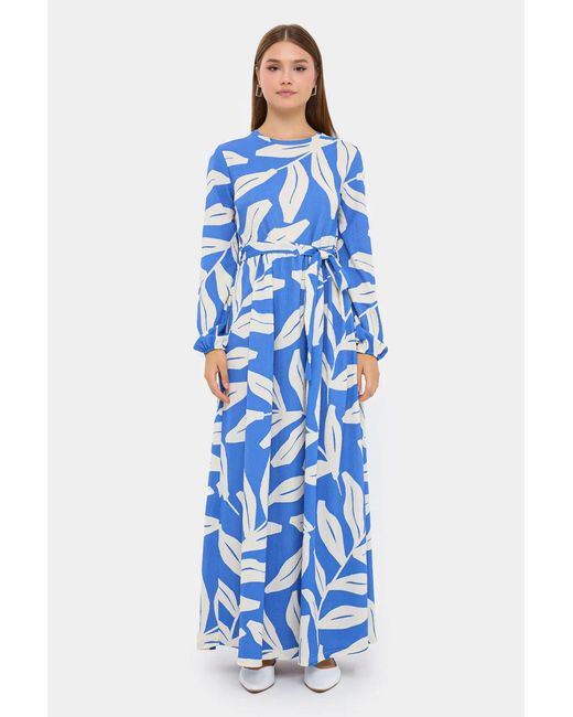 Hiccup Blue Abstract Print Maxi Dress With Long Sleeves