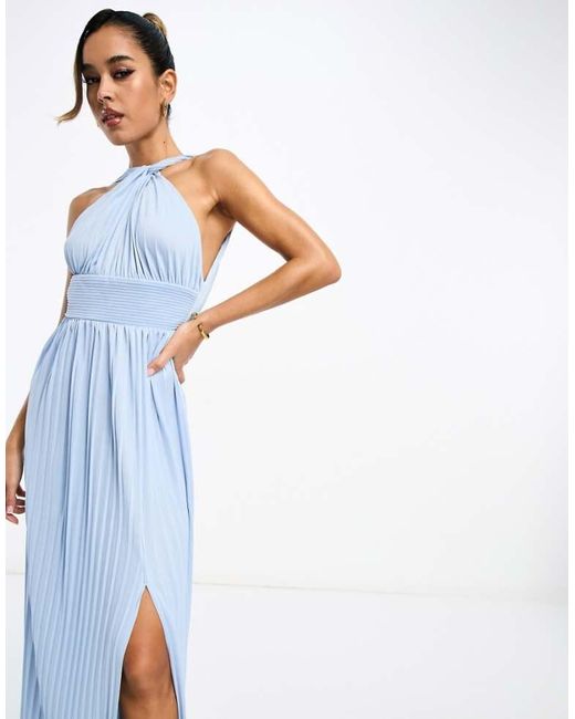 ASOS Blue Halter Neck Grecian Pleated Skirt Maxi Dress