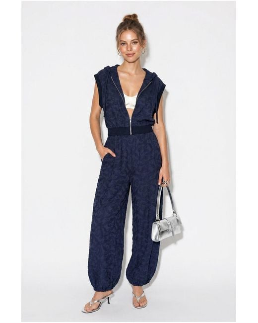 Bianco Lucci Blue Patterned Hooded Vest And Wide-Leg Trousers Set