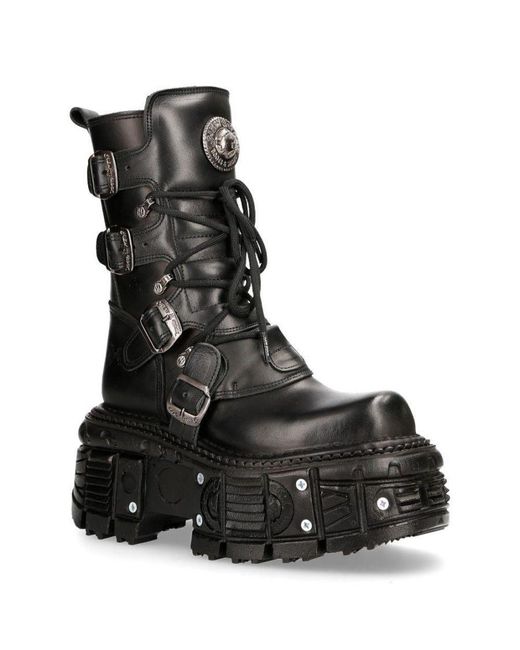 New Rock Black Leather Combat Platform Boots