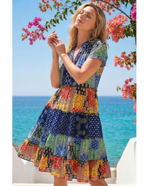 Roman Blue Patchwork Print V-Neck Tiered Dress