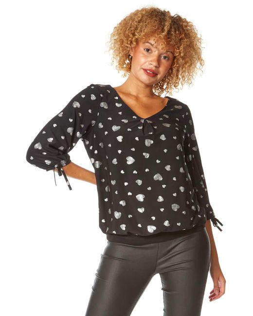 Roman Black Foil Heart Print Blouson Top