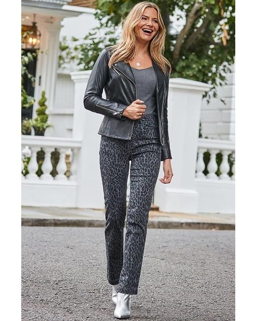 Sosandar Gray Leopard Print Straight Leg Jeans