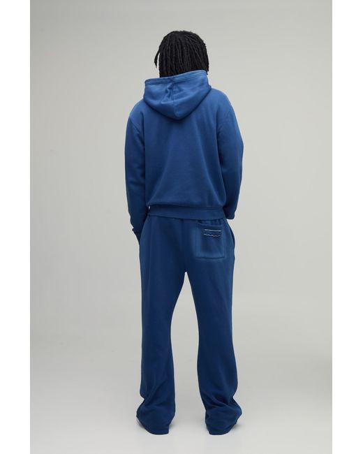 BoohooMAN Blue Tall Boxy Spray Seam Distressed Applique Zip Through Hooded Tracksuit for men