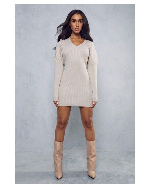 MissPap Gray V Neck Puff Sleeve Knitted Dress