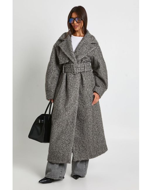 Boohoo Gray Textured Wool Look Belted Maxi Coat